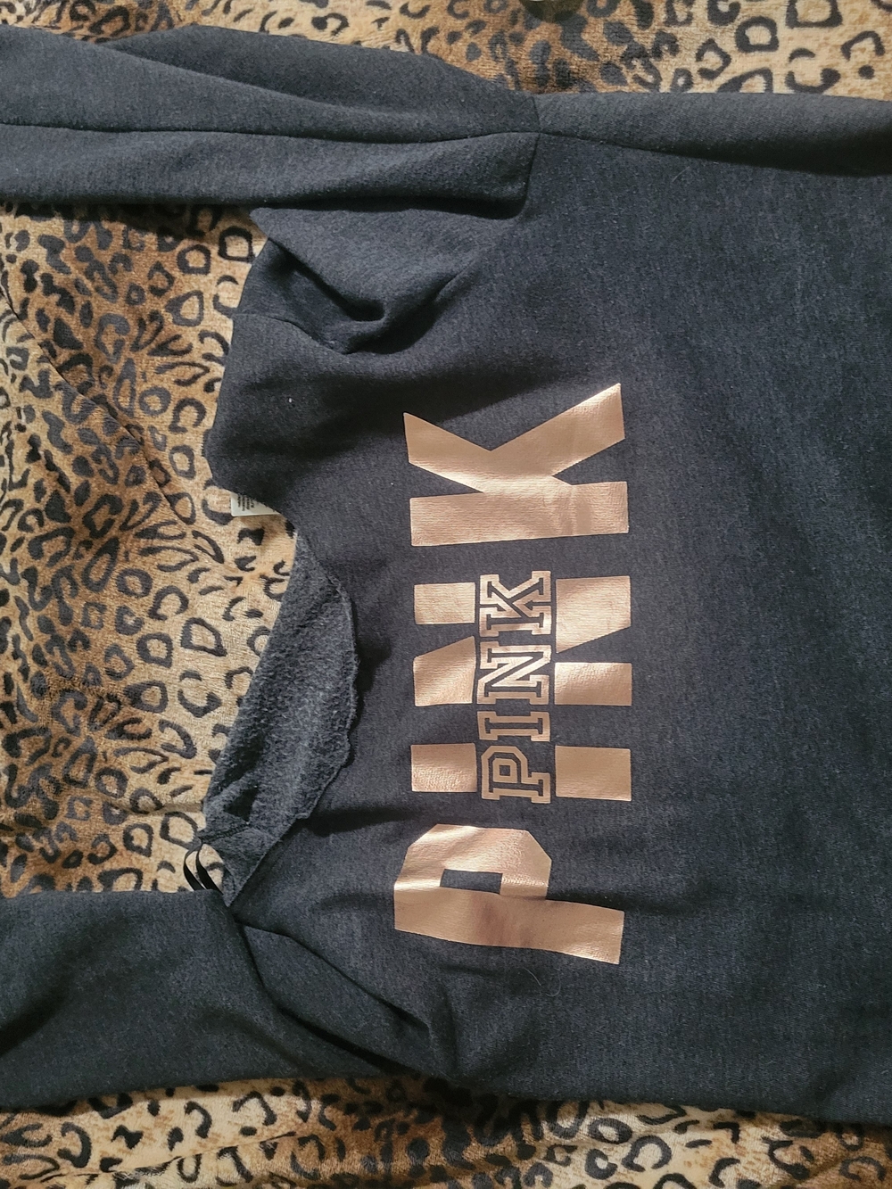 PINK Victoria's Secret Black Off The Shoulder Hoodie with Metallic Rose Logo